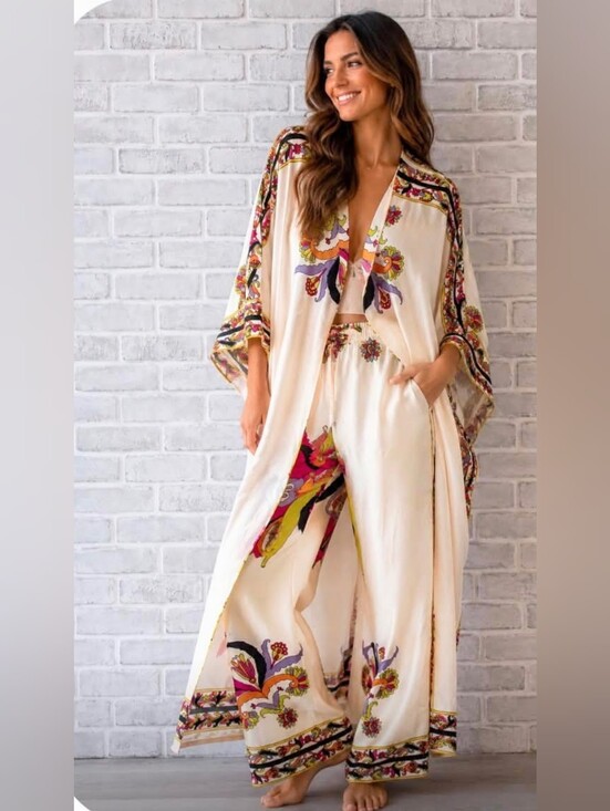 Other - Cream Floral Boho Kimono Set with Wide Leg Pants Large-xlarge Pant o/s Coat